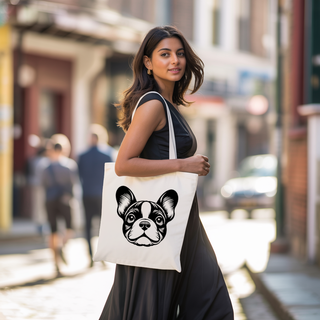 Tote bag femme avec chien bouledogue français porté par une femme avec élégance - MARJANE et Cie