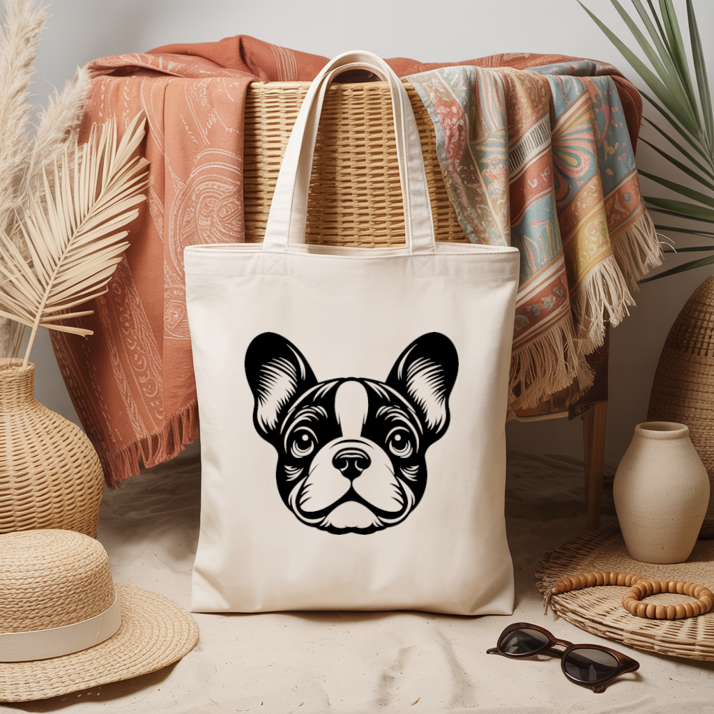 Tote bag femme avec tête de chien bouledogue français en flocage noir - MARJANE et Cie