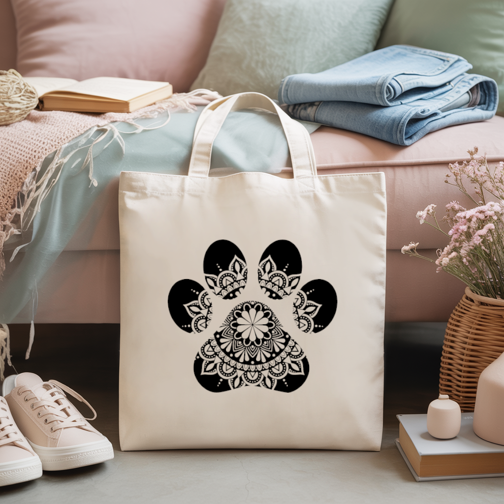 Tote bag femme avec patte de chien mandala en flocage noir monochrome - MARJANE et Cie