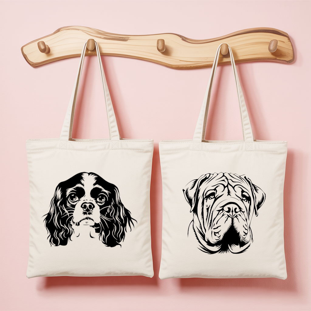 Tote bag femme avec chiens Cavalier King Charles et Shar Pei en flocage monochrome - MARJANE et Cie