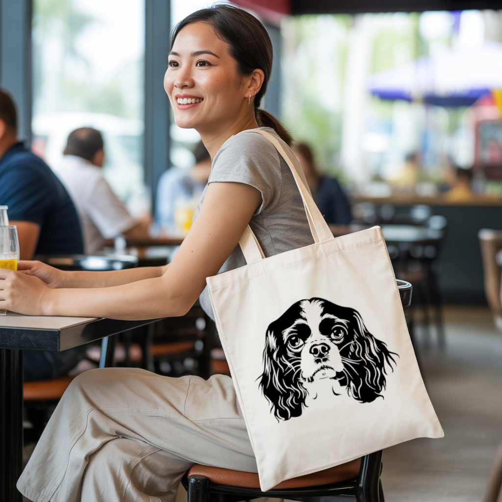 Tote bag femme avec chien Cavalier King Charles porté par une femme avec élégance - MARJANE et Cie
