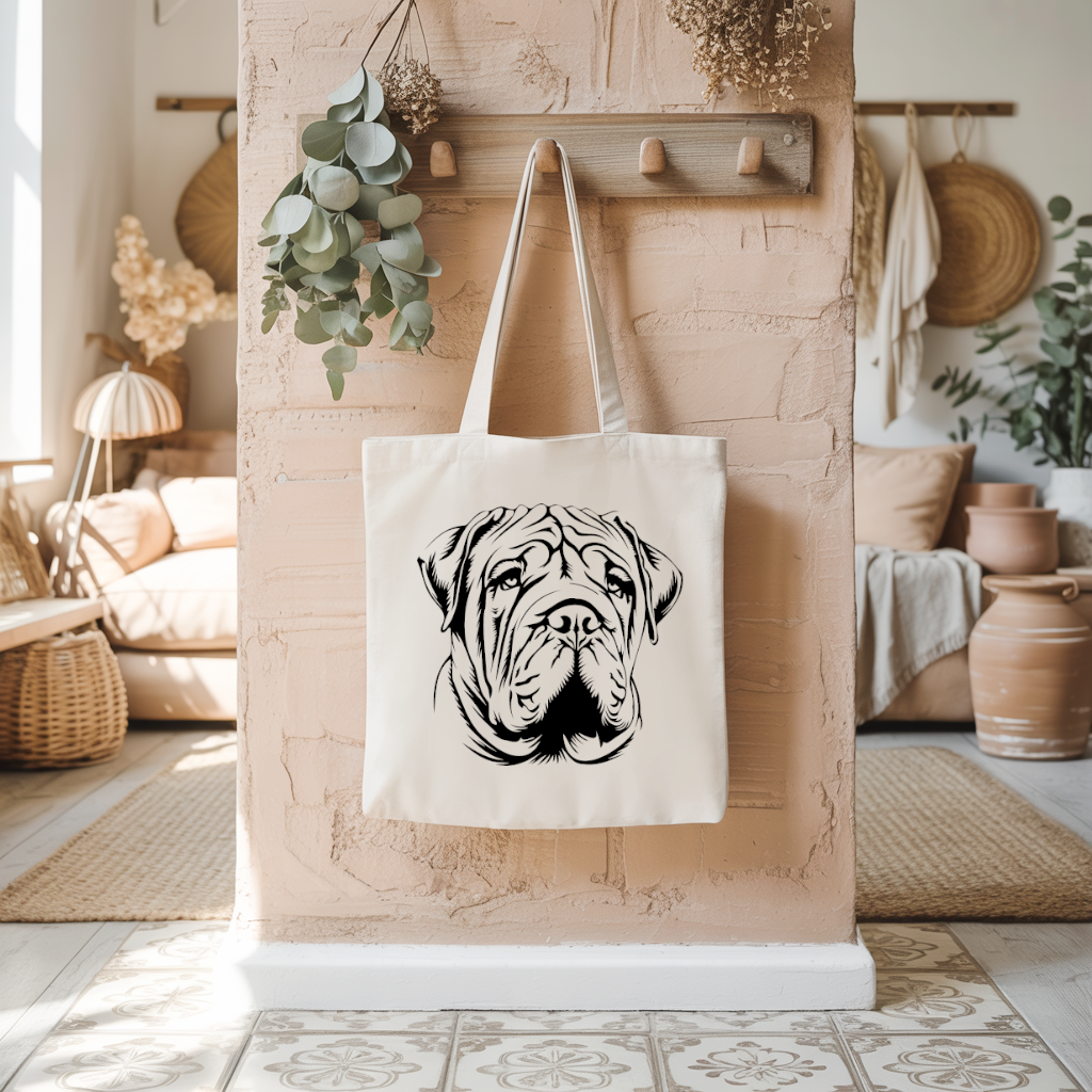Tote bag femme chien Shar Pei monochrome par flocage noir suspendu à un porte manteau - MARJANE et Cie