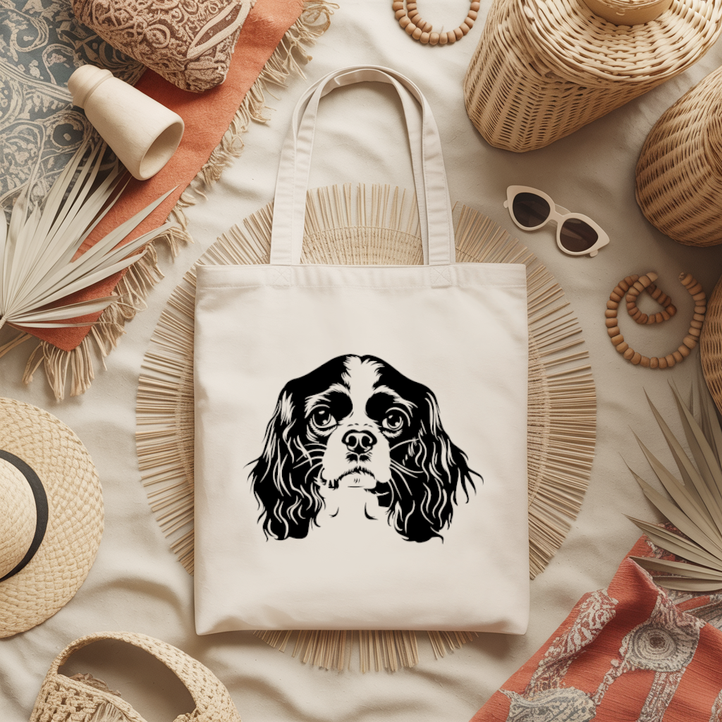 Tote bag femme chien Cavalier King Charles monochrome par flocage posé à plat - MARJANE et Cie