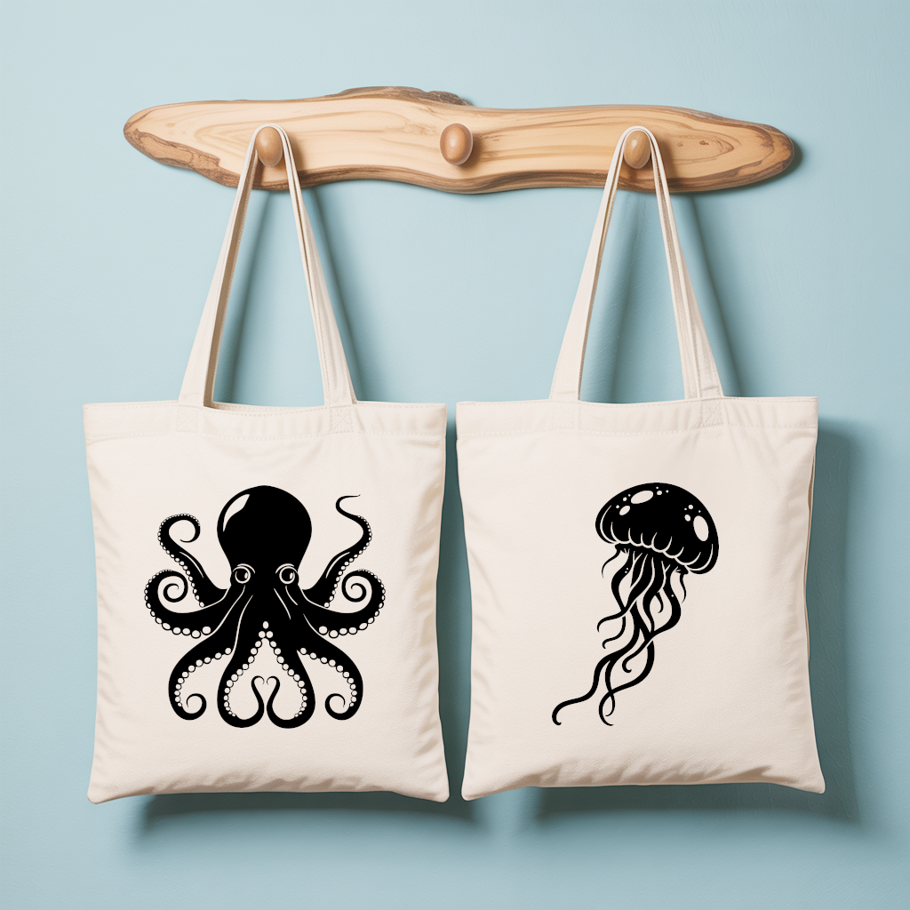 Tote bag femme avec illustration monochrome de pieuvre et verso méduse en flocage noir - MARJANE et Cie