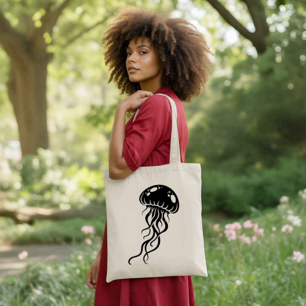 Tote bag femme avec illustration de méduse monochrome porté par une femme - mer - MARJANE et Cie