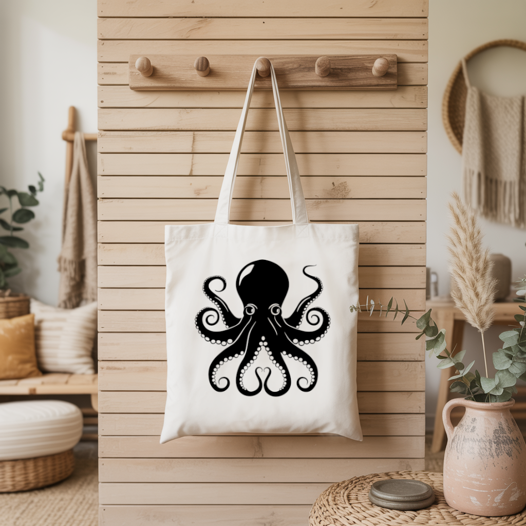Tote bag femme pieuvre en flocage noir suspendu à un porte-manteau - mer - MARJANE et Cie