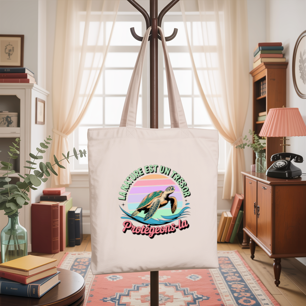 Tote bag femme tortue marine en couleur suspendu à un porte manteau – univers de la mer - MARJANE et Cie