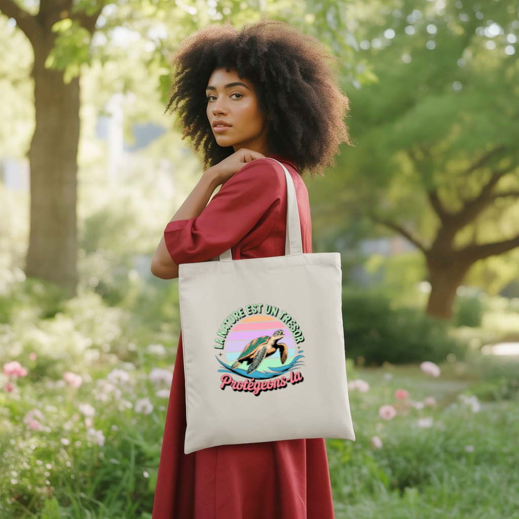Tote bag femme avec illustration couleur de tortue marine portée par une femme avec élégance - MARJANE et Cie