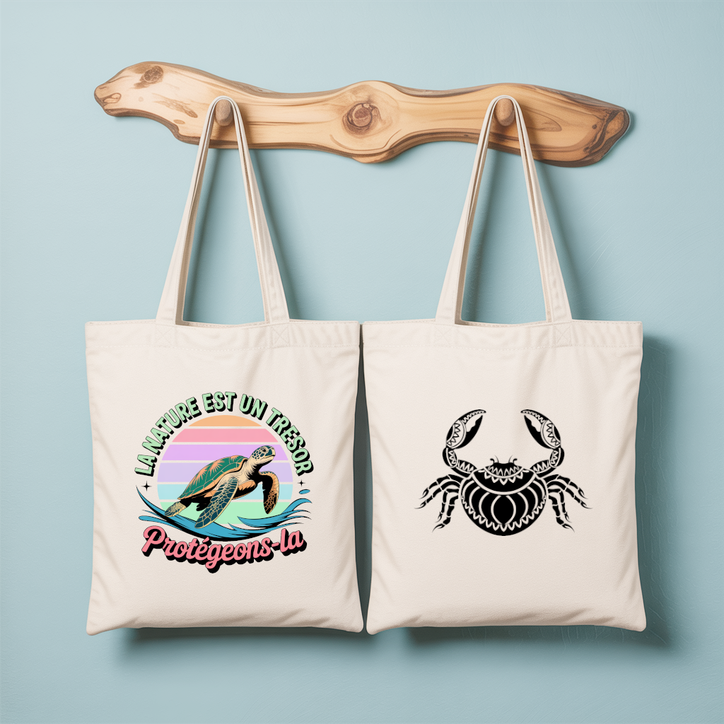Tote bag femme avec illustration de tortue marine en couleur et verso flocage crabe au design artistique - MARJANE et Cie