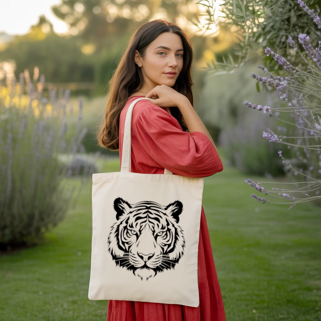 Tote bag femme avec tigre monochrome par flocage porté par une femme - MARJANE et Cie