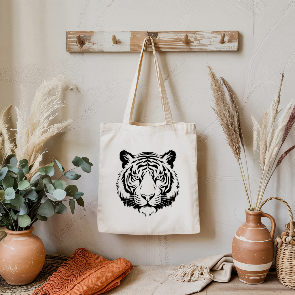 Tote bag femme tigre monochrome par flocage suspendu à une patère - MARJANE et Cie