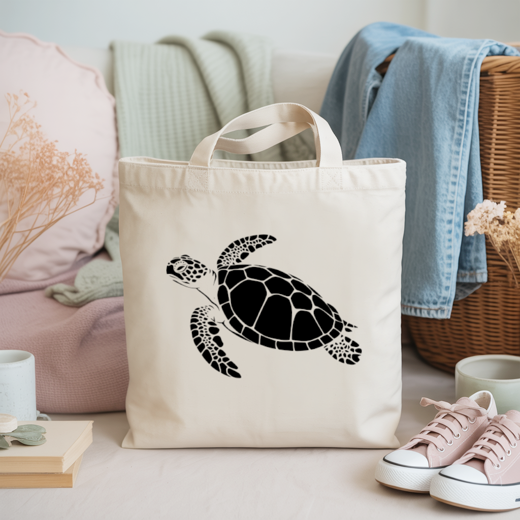 Tote bag femme avec illustration d’une tortue marine nageant en flocage monochrome noir – univers de la mer - MARJANE et Cie