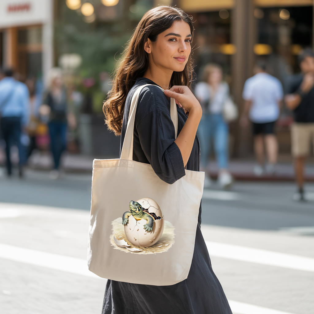 Tote bag femme avec petite tortue marine portée par une femme avec élégance – univers de la mer - MARJANE et Cie