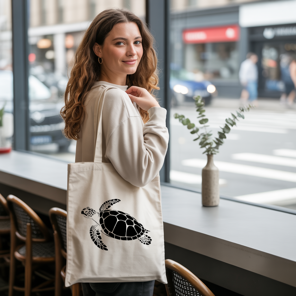 Tote bag femme avec tortue marine monochrome par flocage porté par une femme - MARJANE et Cie