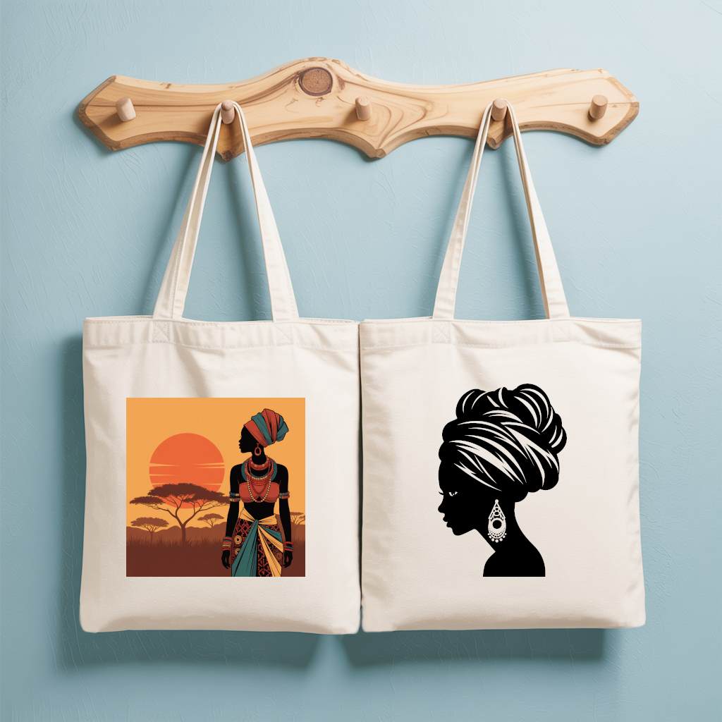 Tote bag femme avec portrait en tenue traditionnelle colorée et turban majestueux, double face floquée - MARJANE et Cie