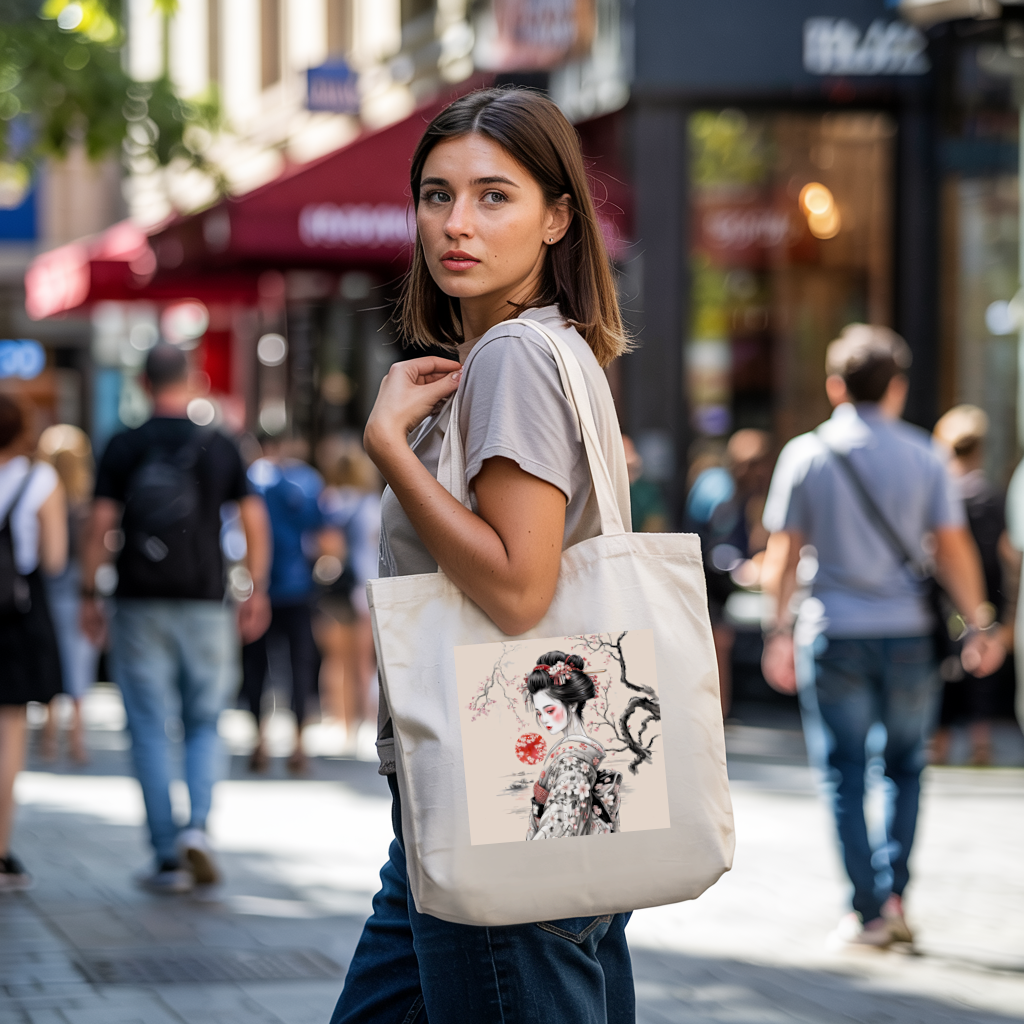 Tote bag femme porté, portrait japonais sous sakura aux tons doux - MARJANE et Cie