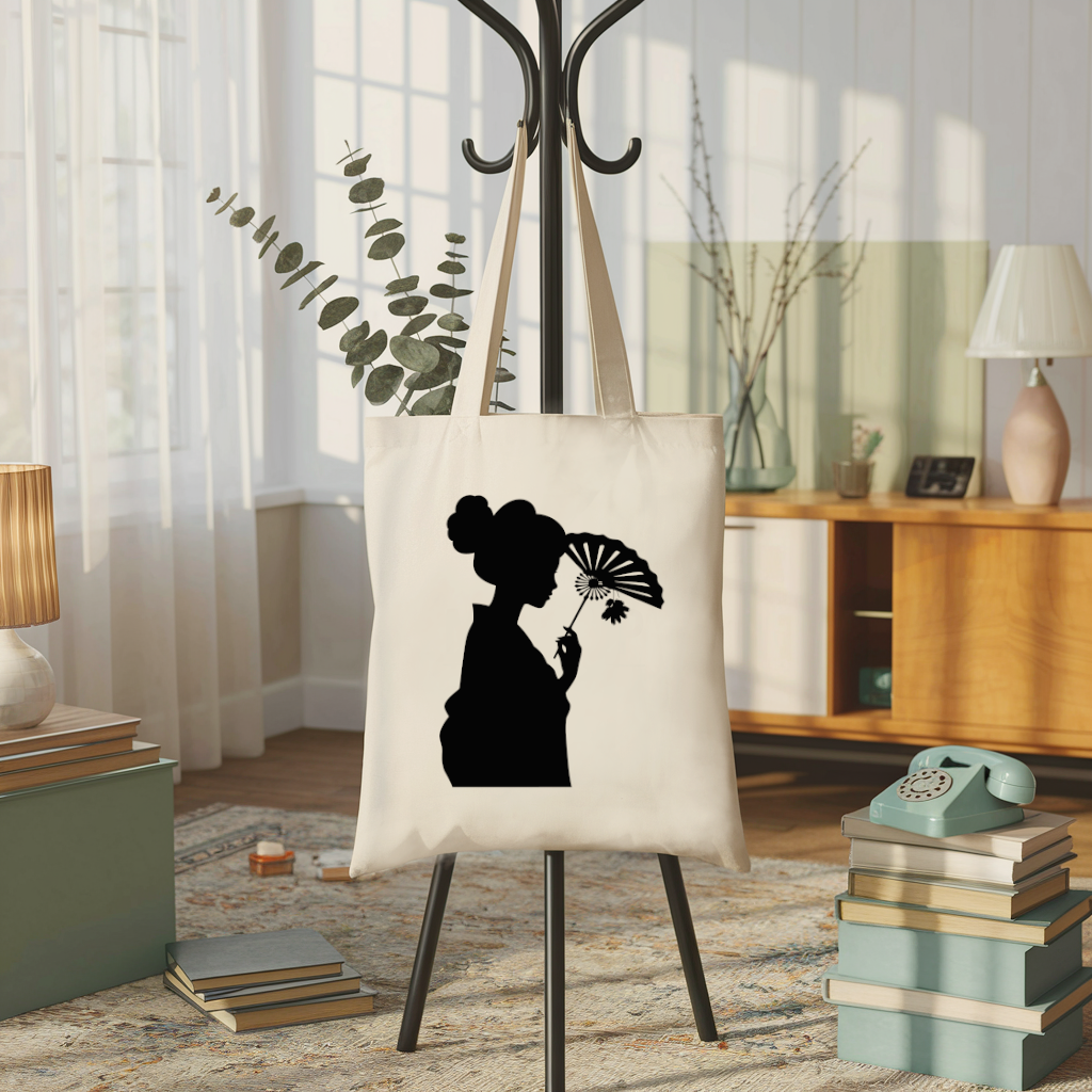 Tote bag femme inspiration japonaise suspendu, silhouette discrète à l’éventail, flocage noir - MARJANE et Cie