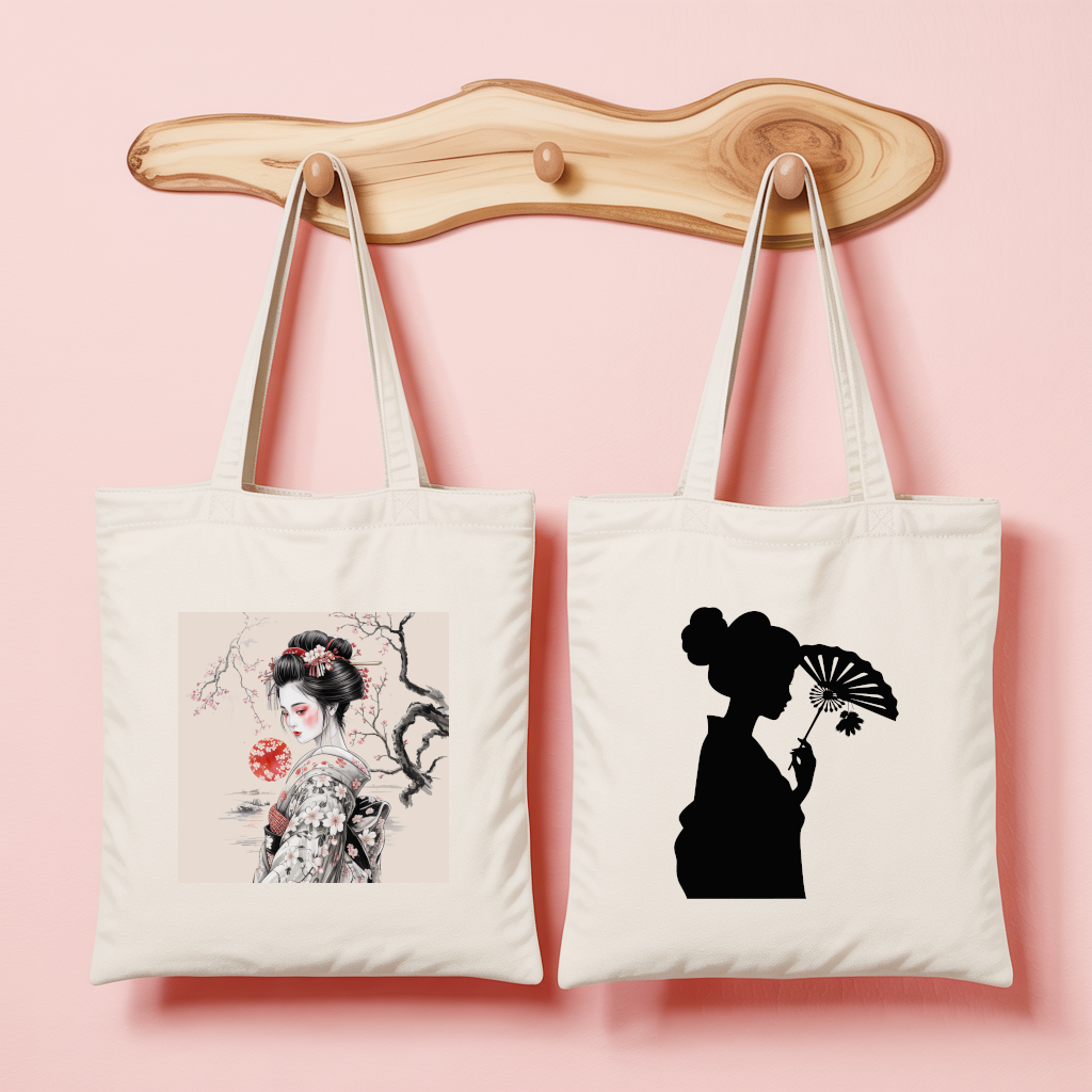 Tote bag femme inspiration japonaise avec femme sous un cerisier en couleur et silhouette à l’éventail en noir et blanc - MARJANE et Cie