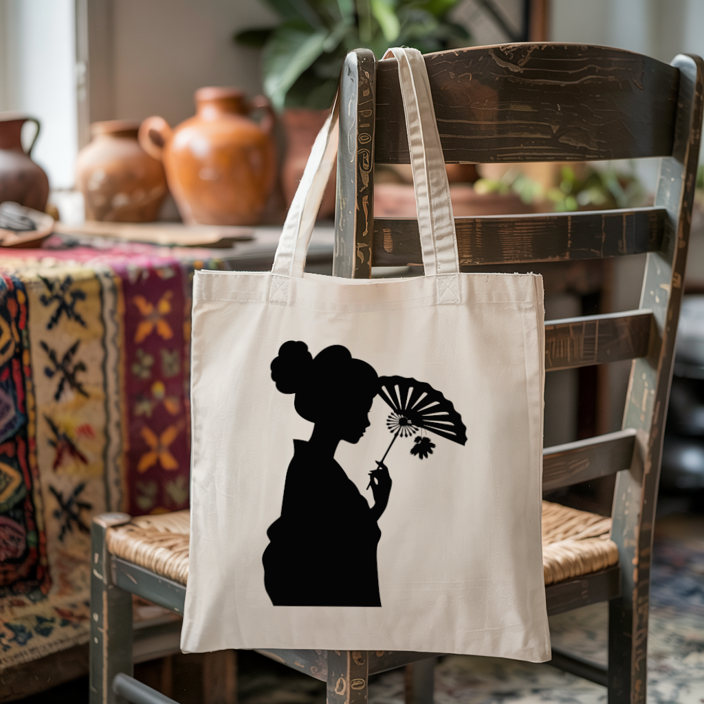 Tote bag femme inspiration japonaise suspendu, silhouette discrète à l’éventail - MARJANE et Cie
