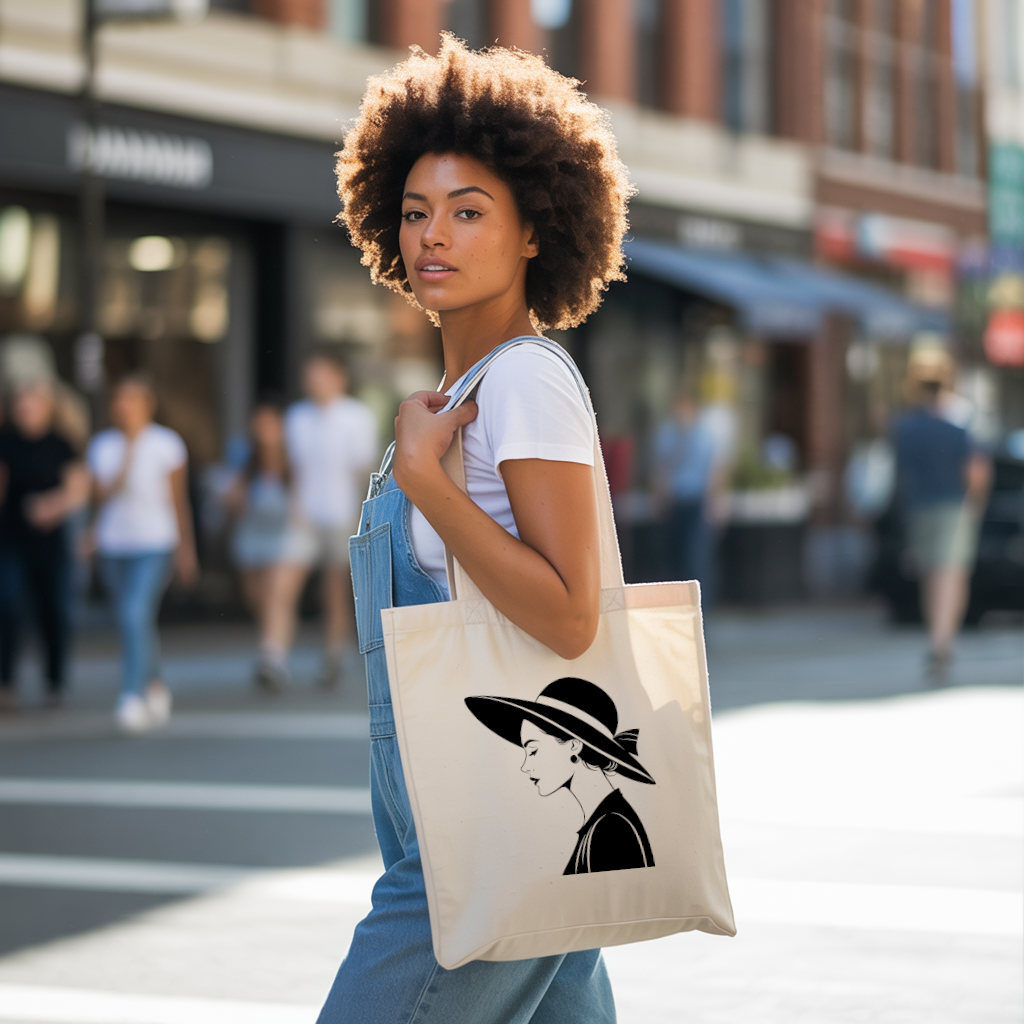Tote bag femme avec portrait élégant au chapeau porté par une femme - MARJANE et Cie