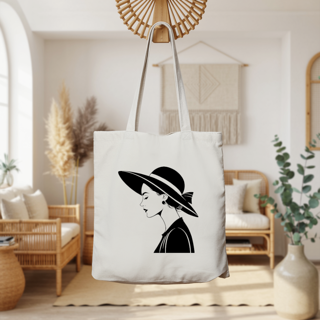 Tote bag femme illustration féminine au chapeau par flocage noir suspendu - MARJANE et Cie