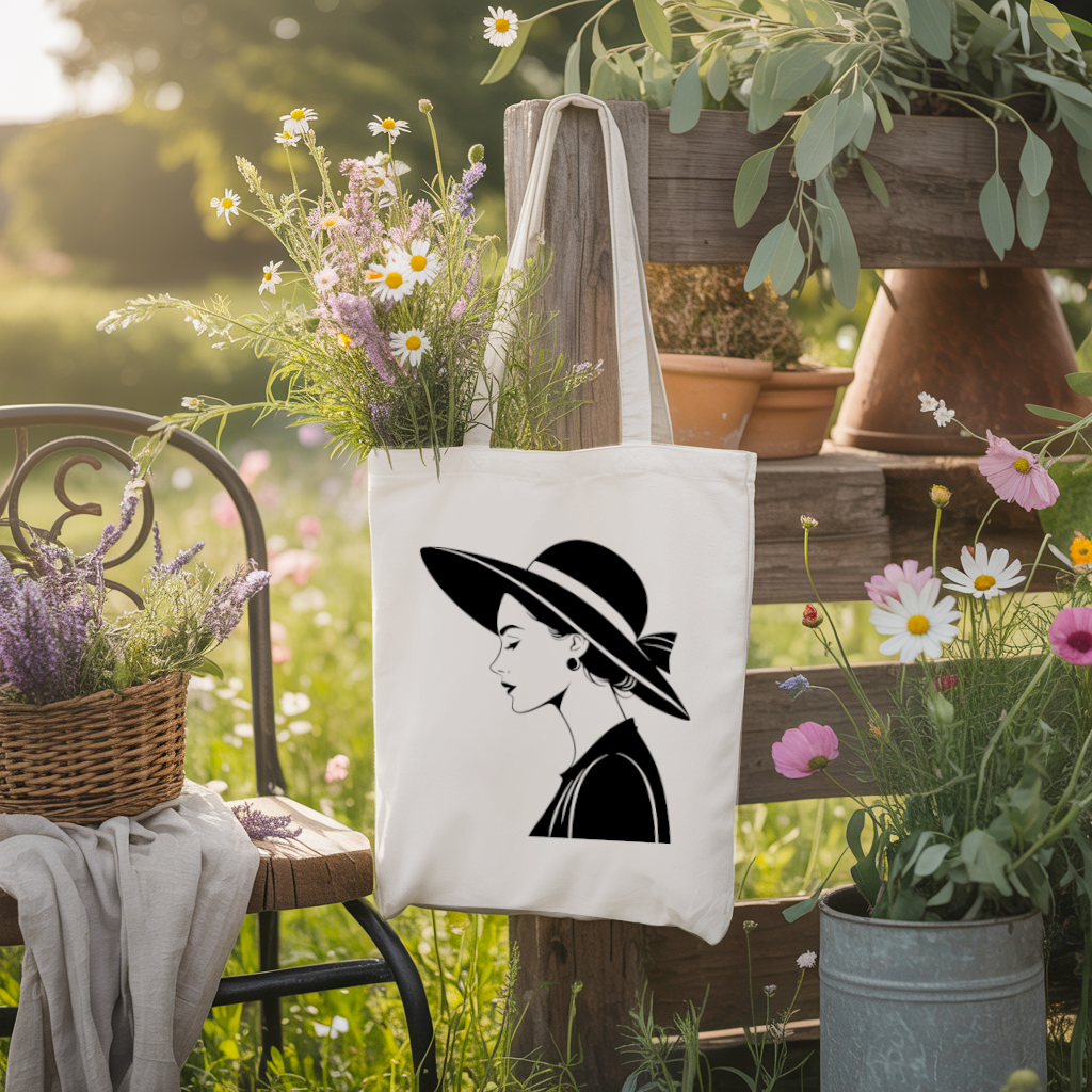 Tote bag femme portrait élégant au chapeau par flocage monochrome suspendu - MARJANE et Cie