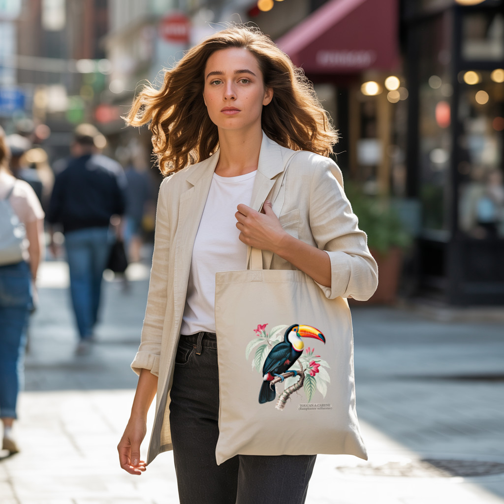 Tote bag femme illustration naturaliste d’un oiseau toucan en couleur porté avec élégance par une femme - MARJANE et Cie