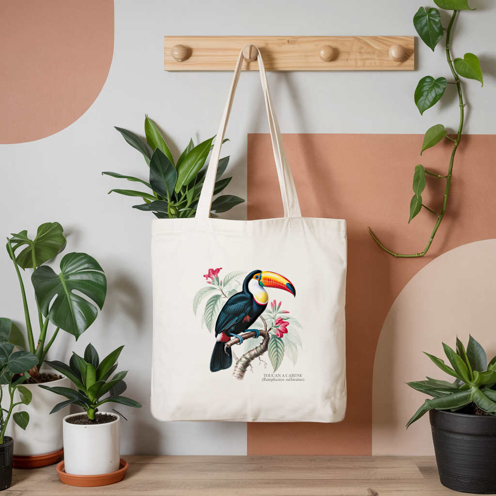 Tote bag femme avec illustration couleur d’un oiseau toucan suspendu à une patère - dessin naturaliste détaillée - MARJANE et Cie