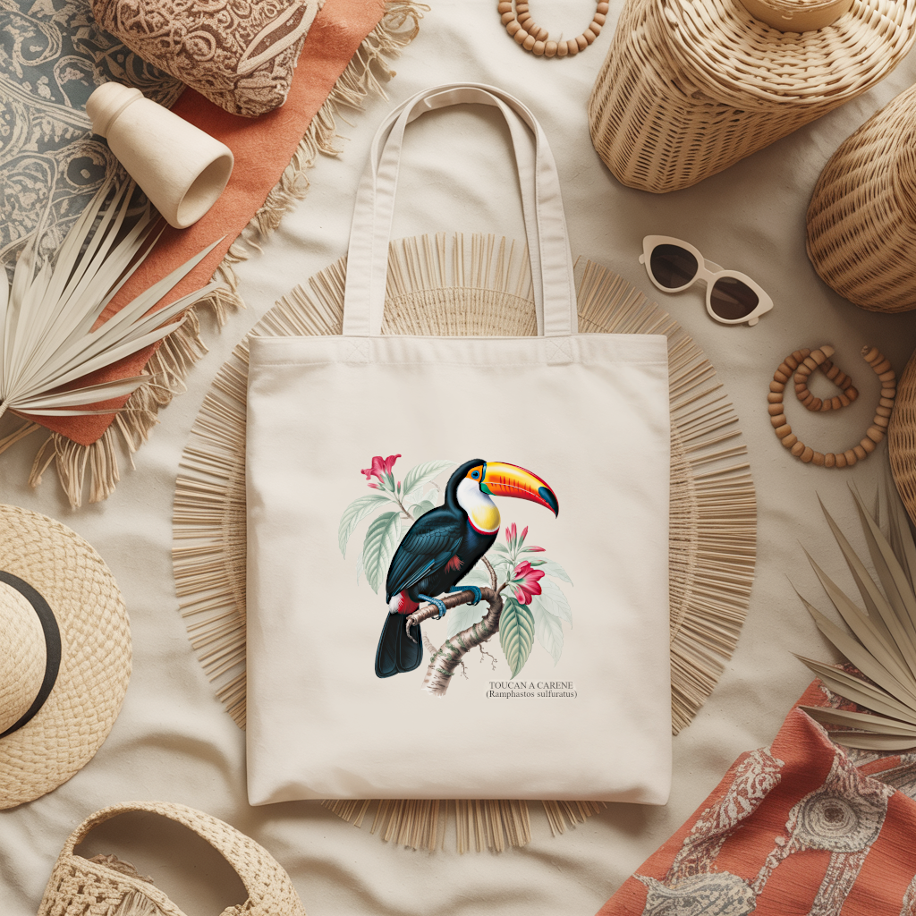 Tote bag femme avec illustration naturaliste couleur d’un oiseau toucan posé à plat - style inspiré des planches d’ornithologues - MARJANE et Cie