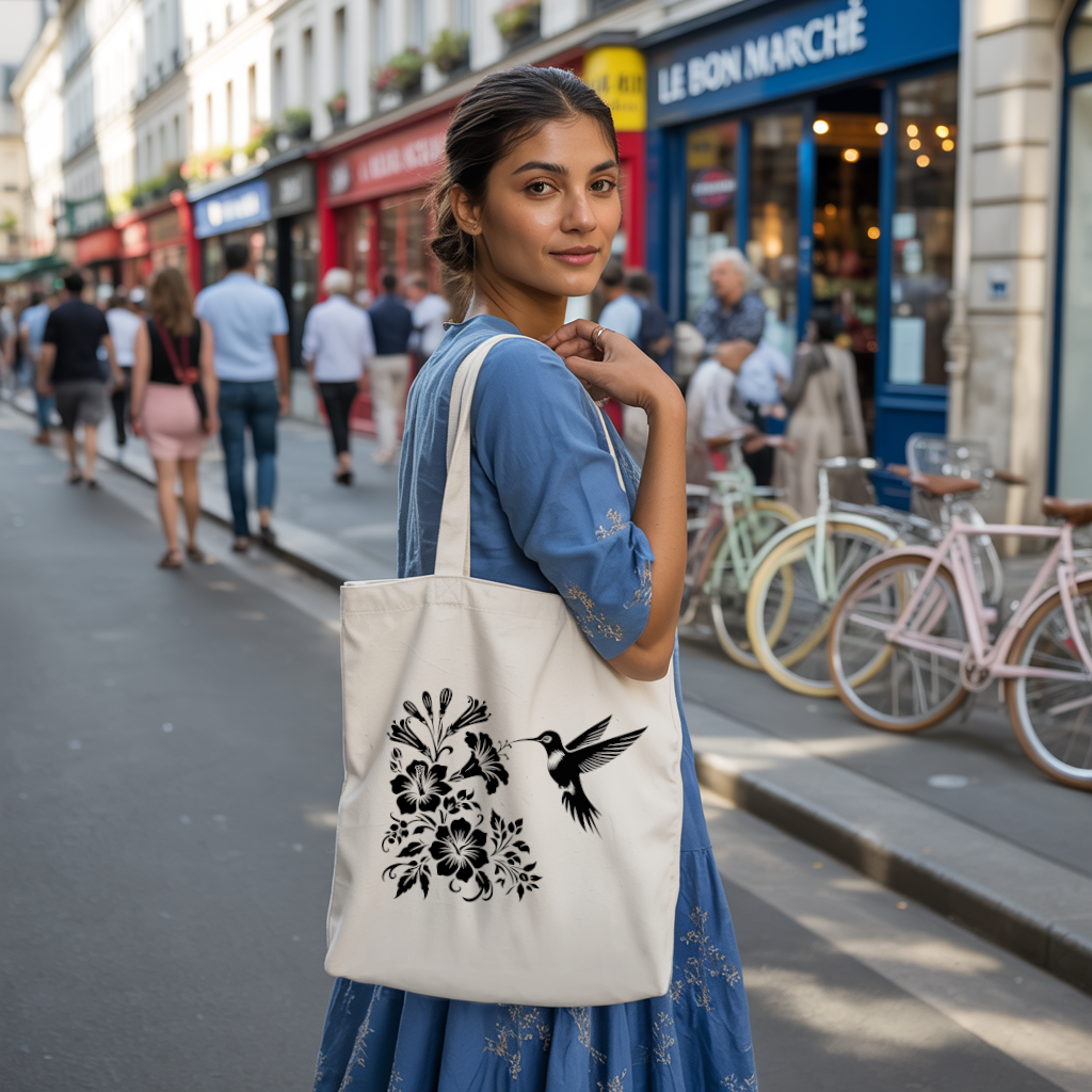 Tote bag femme avec illustration d’oiseau colibri flocage monochrome noir porté avec élégance par une femme - illustration naturaliste détaillée - MARJANE et Cie