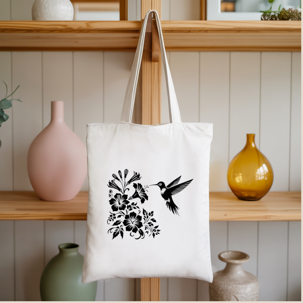 Tote bag femme avec illustration d’un oiseau colibri flocage noir monochrome suspendu - style inspiré des planches d’ornithologues - MARJANE et Cie