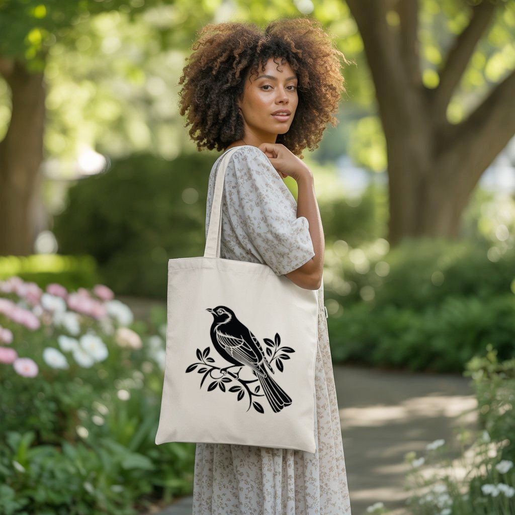 Tote bag femme avec illustration d’oiseau flocage monochrome noir porté par une femme - illustration naturaliste détaillée - MARJANE et Cie