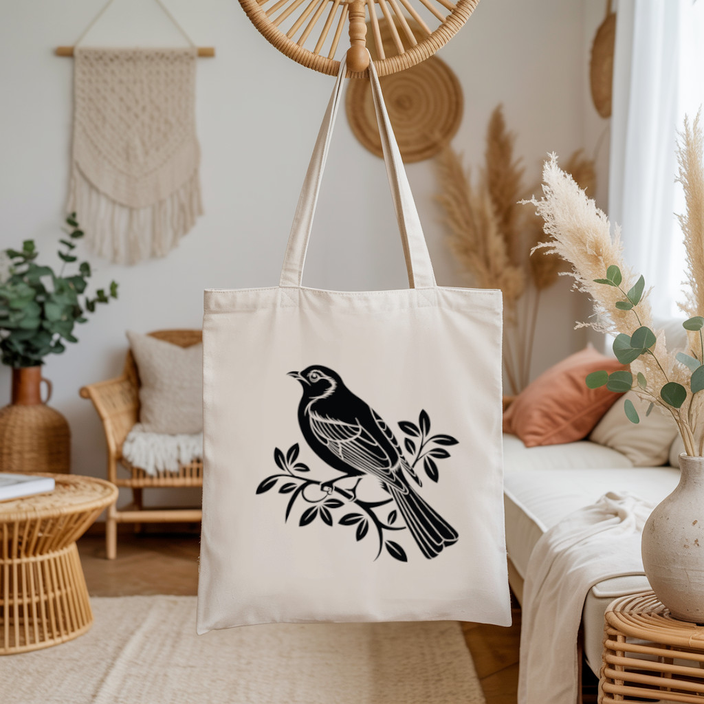 Tote bag femme avec illustration d’un oiseau flocage noir monochrome suspendu - style inspiré des planches d’ornithologues - MARJANE et Cie