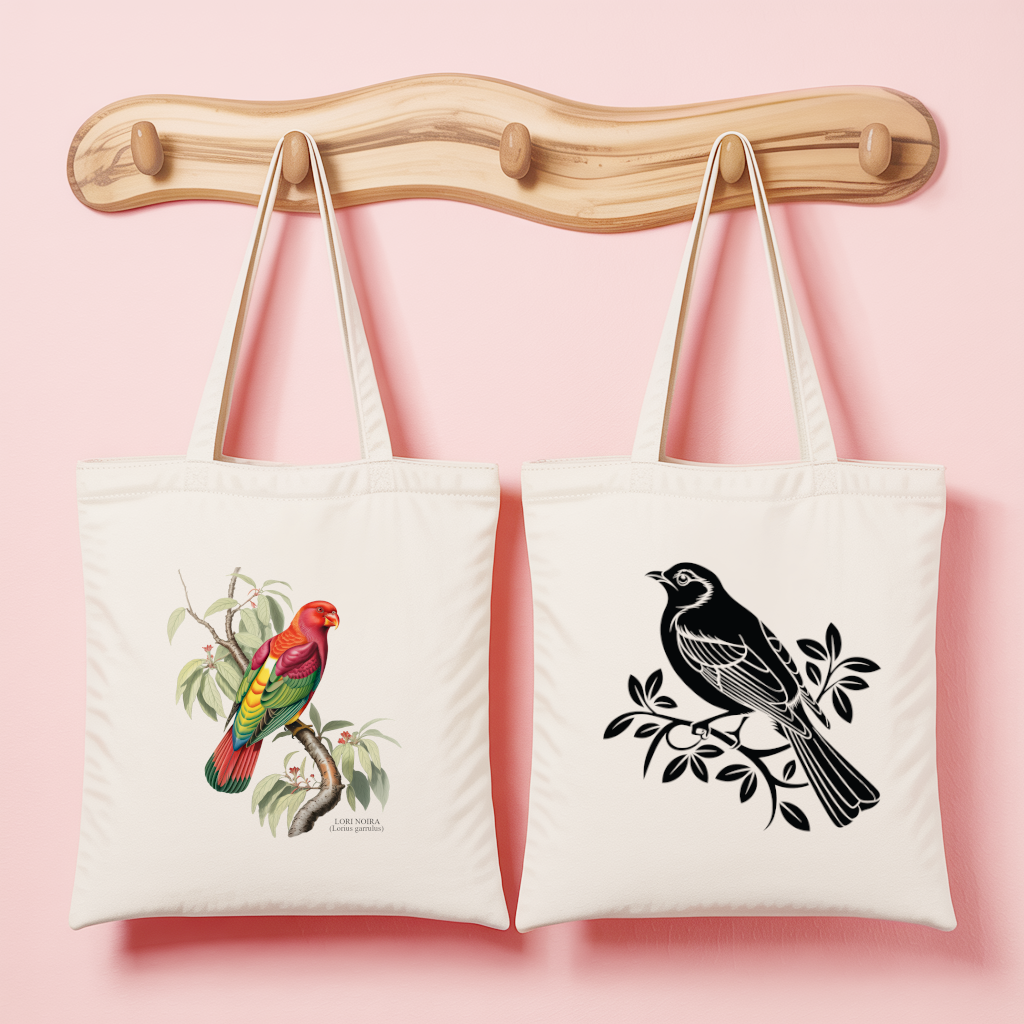 Tote bag femme avec illustration naturaliste d’un lori noira et au verso un oiseau en flocage noir - contraste entre couleur et noir et blanc – MARJANE et Cie