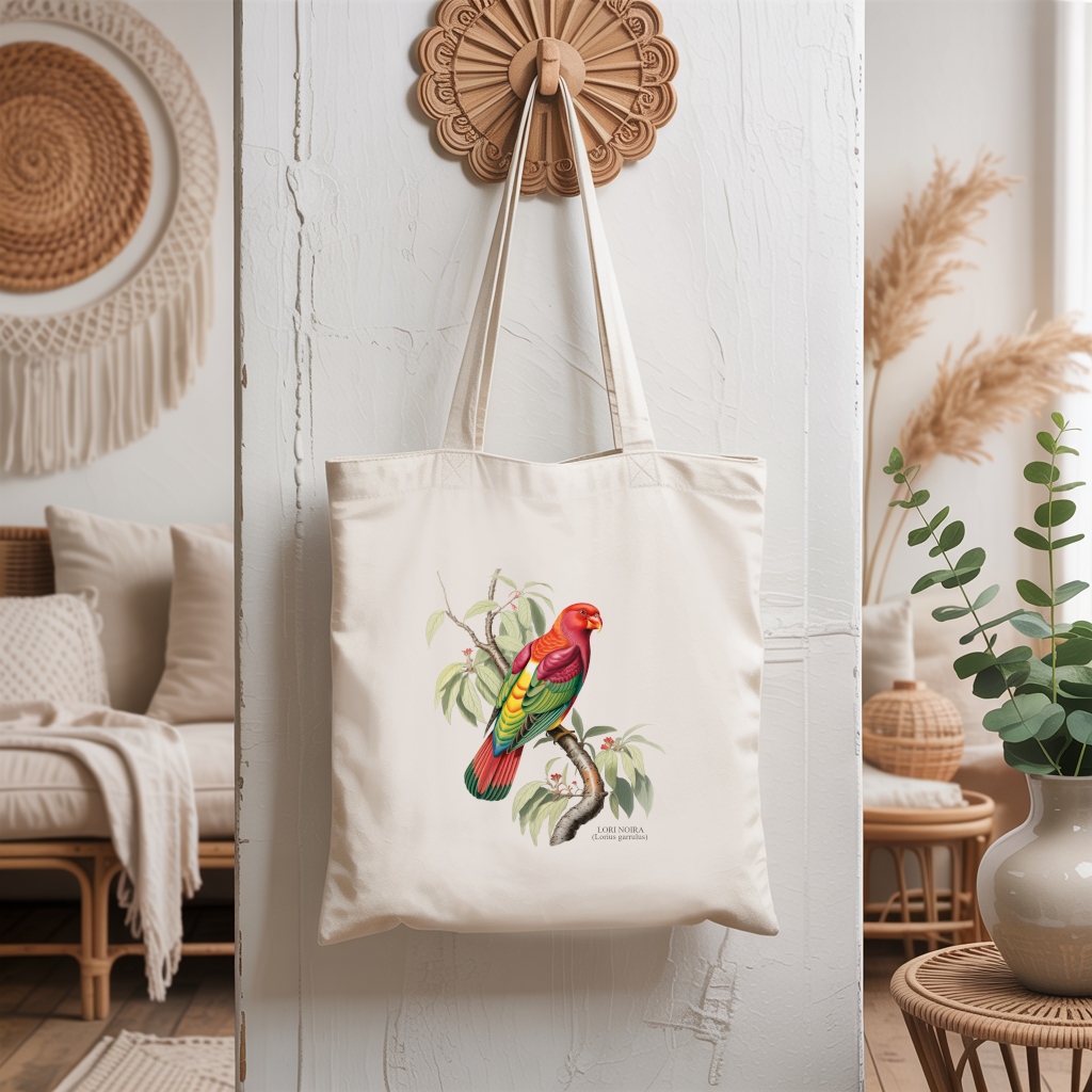 Tote bag femme recto avec illustration naturaliste couleur d’un oiseau lori noira suspendu - style inspiré des planches d’ornithologues - MARJANE et Cie
