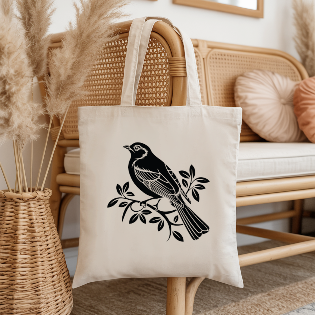 Tote bag femme avec illustration d’un oiseau flocage noir monochrome suspendu - contraste entre couleur et noir et blanc - MARJANE et Cie
