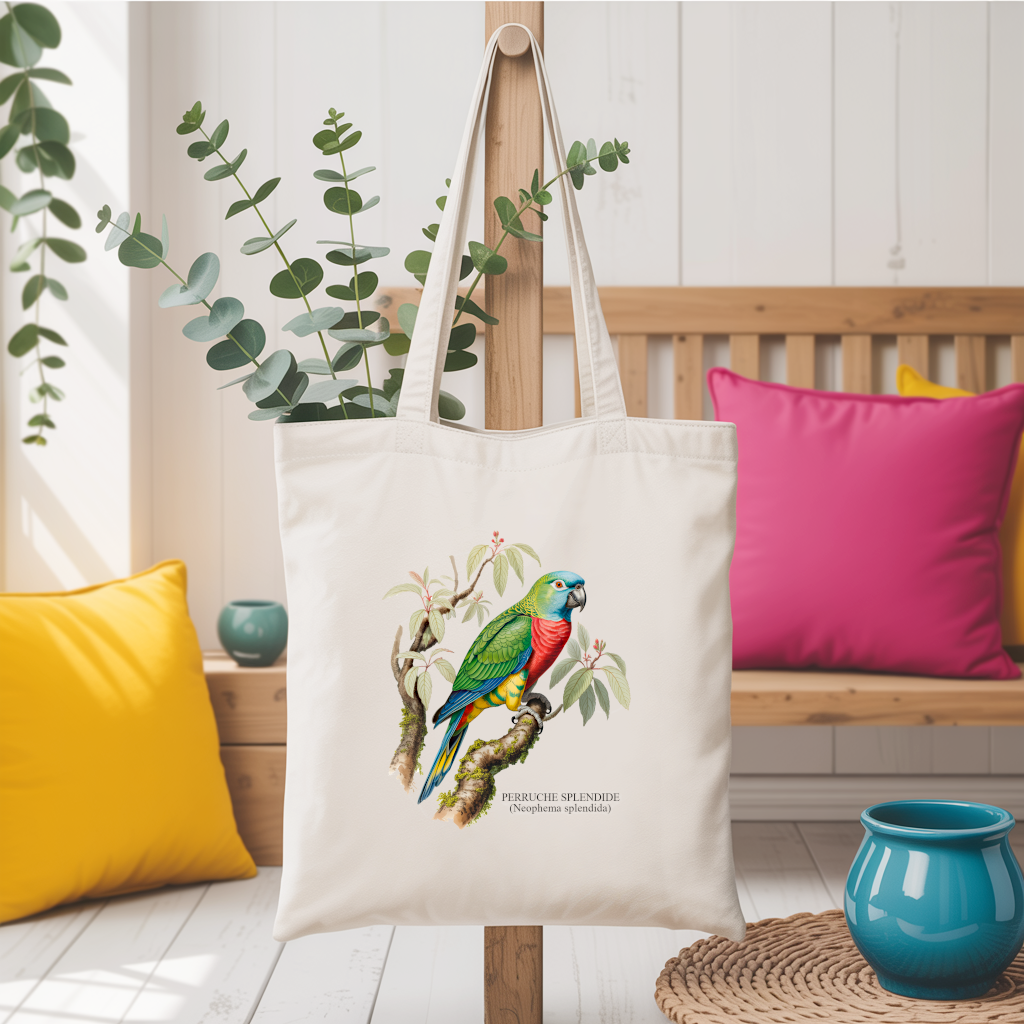 Tote bag femme recto avec illustration naturaliste couleur d’un oiseau perruche  suspendu - style inspiré des planches d’ornithologues - MARJANE et Cie
