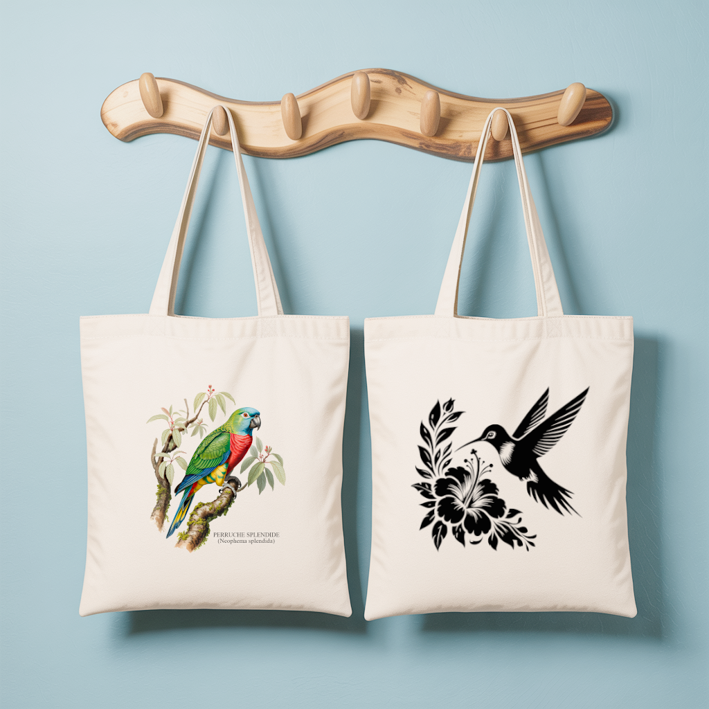 Tote bag femme avec illustration naturaliste d’une perruche et au verso un oiseau colibri en flocage noir – MARJANE et Cie