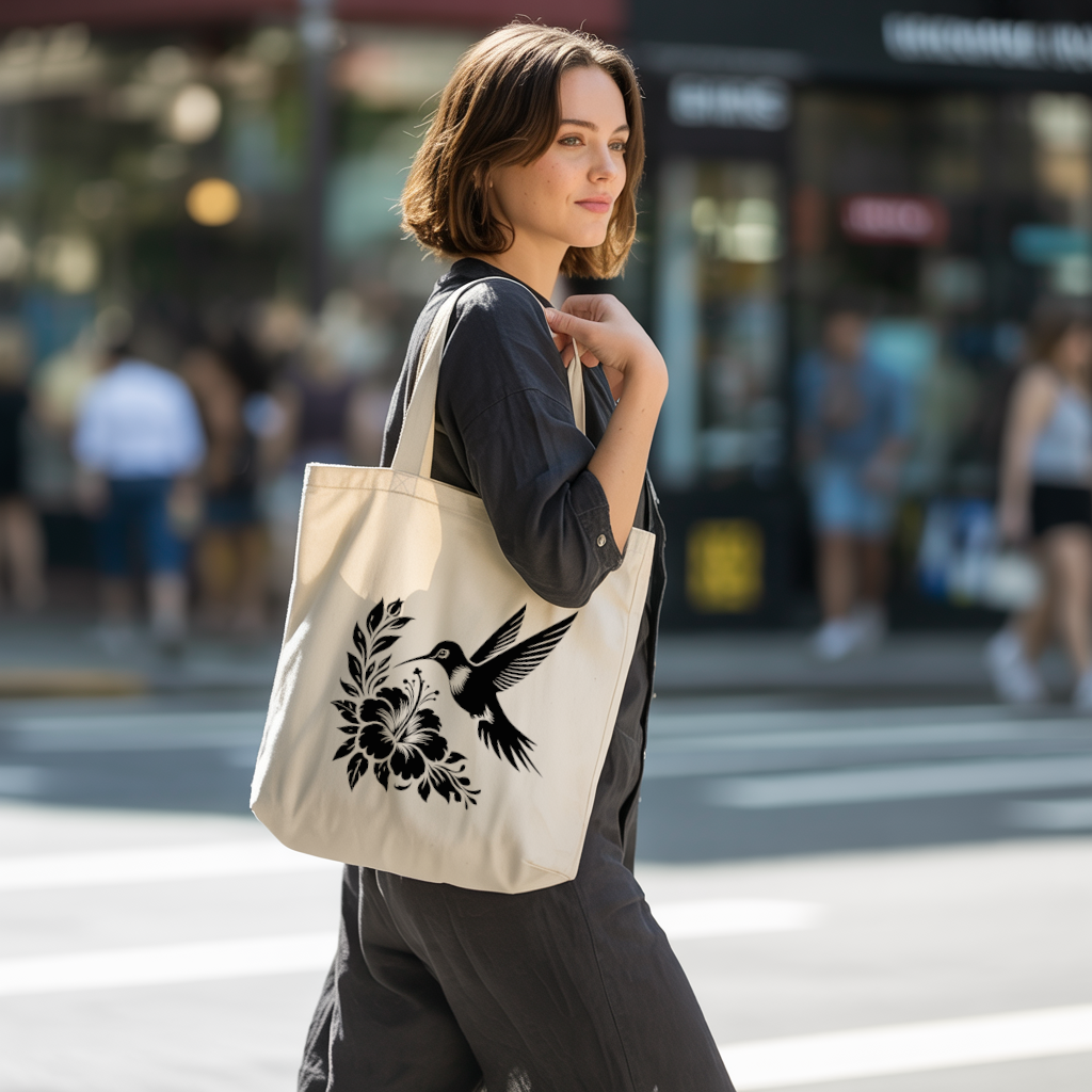 Tote bag femme avec illustration d’oiseau colibri flocage noir porté par une femme - illustration naturaliste détaillée - MARJANE et Cie