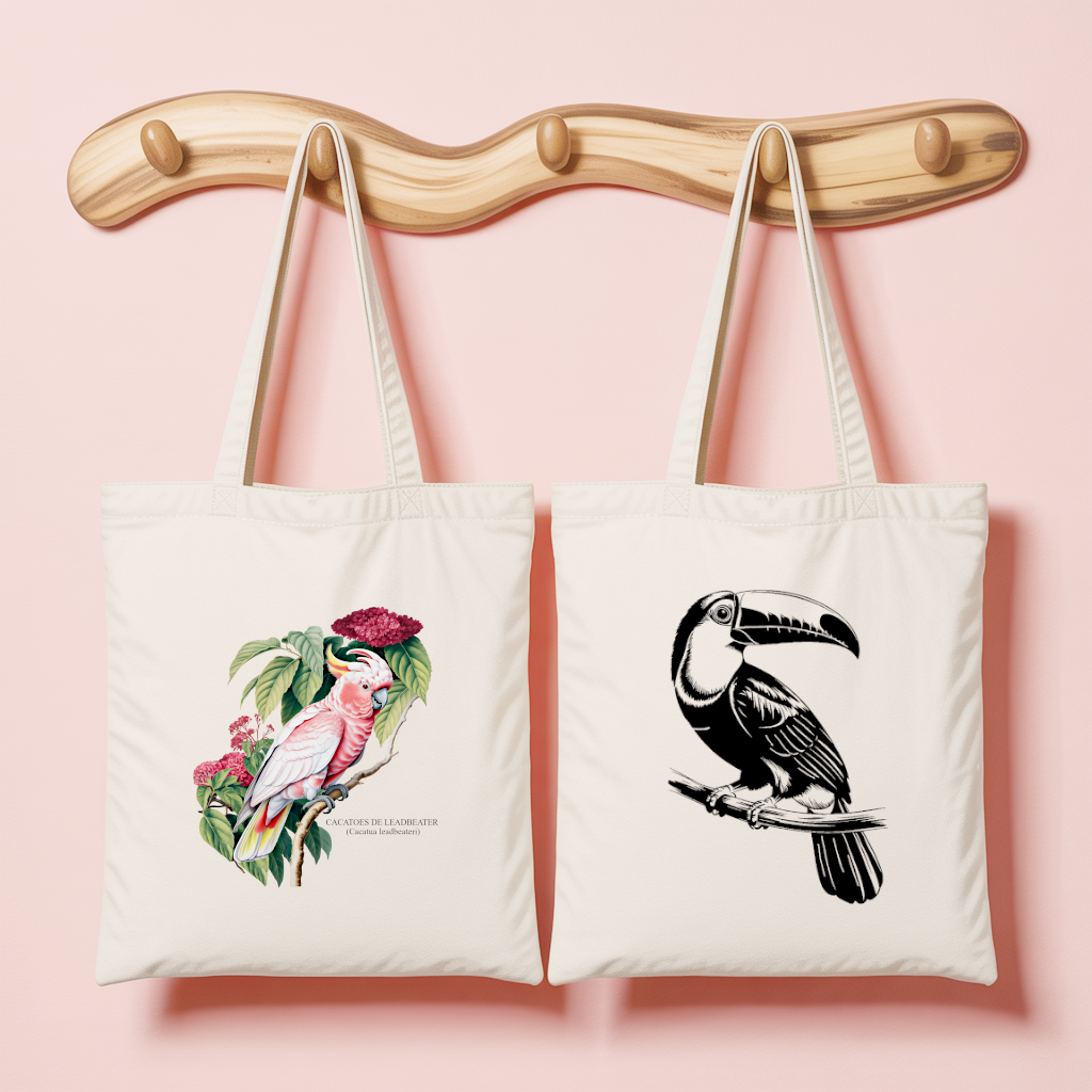 Tote bag femme avec illustration naturaliste d’un cacatoès de Leadbeater et au verso un oiseau toucan en flocage noir – MARJANE et Cie
