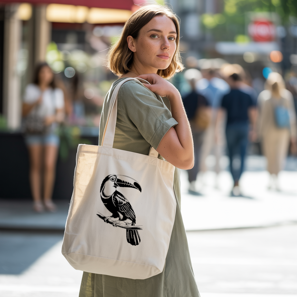 Tote bag femme avec illustration d’oiseau toucan flocage noir porté par une femme - esthétique sobre et raffinée - MARJANE et Cie