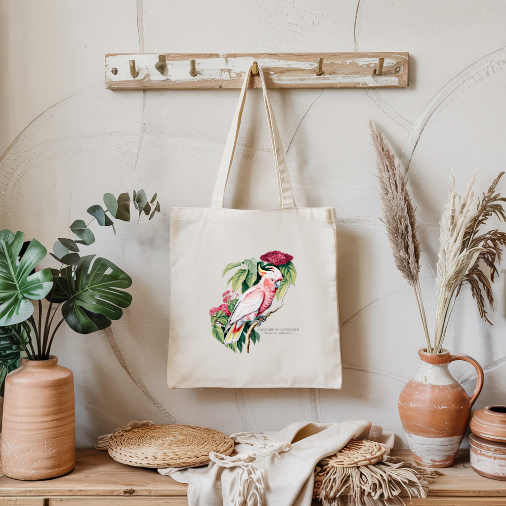 Tote bag femme avec illustration couleur d’un oiseau cacatoès de Leadbeater suspendu à une patère - dessin naturaliste détaillée - MARJANE et Cie