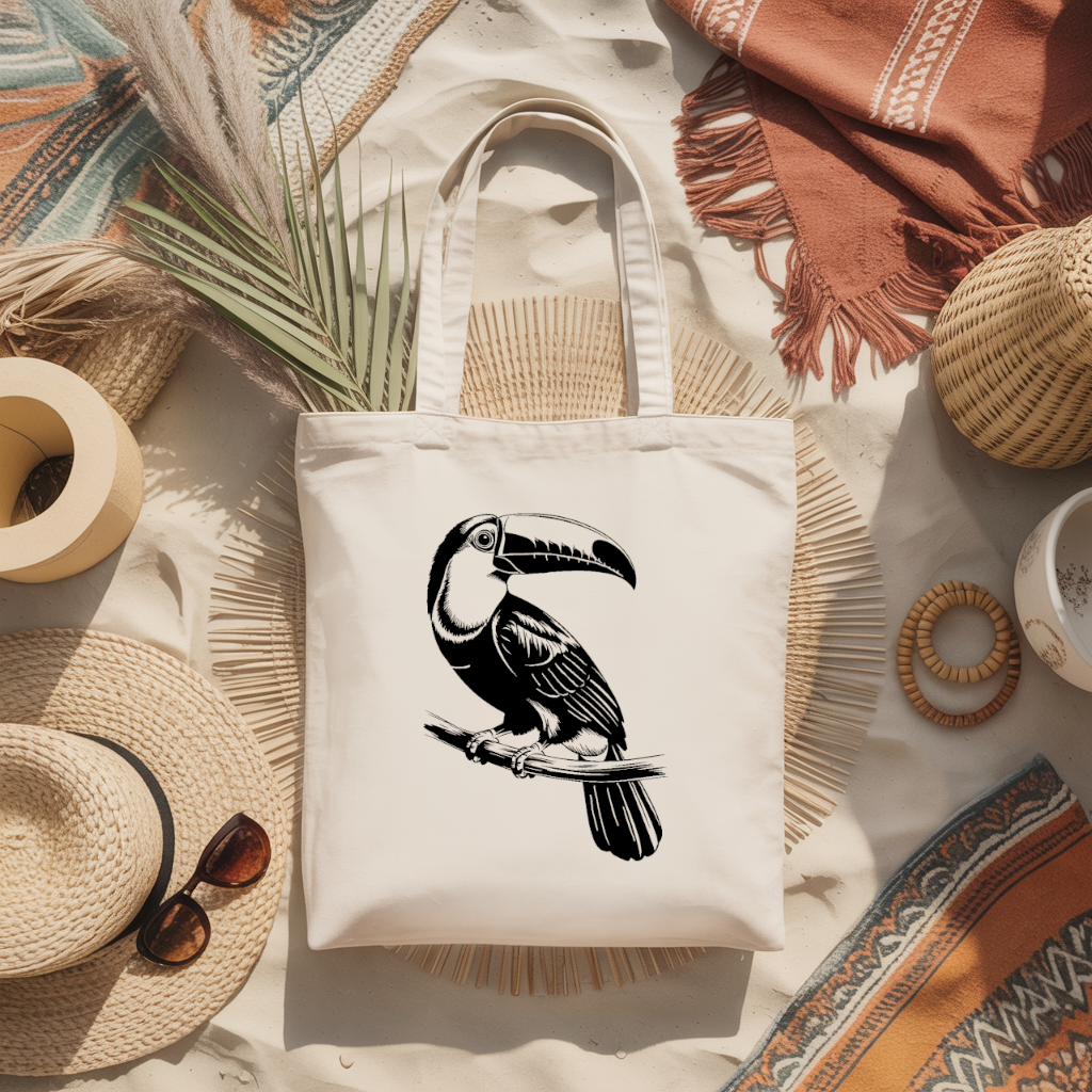 Tote bag femme avec flocage d’un oiseau toucan monochrome noir posé à plat - dessin fin et élégant - MARJANE et Cie