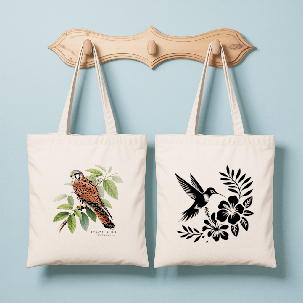Tote bag femme avec illustration naturaliste d’un faucon crécerelle et au verso un oiseau colibri en monochrome noir – MARJANE et Cie