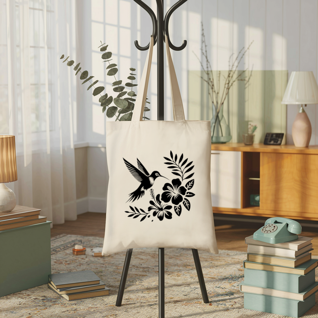 Tote bag femme avec illustration d’un oiseau colibri monochrome noir suspendu à un porte manteau - MARJANE et Cie