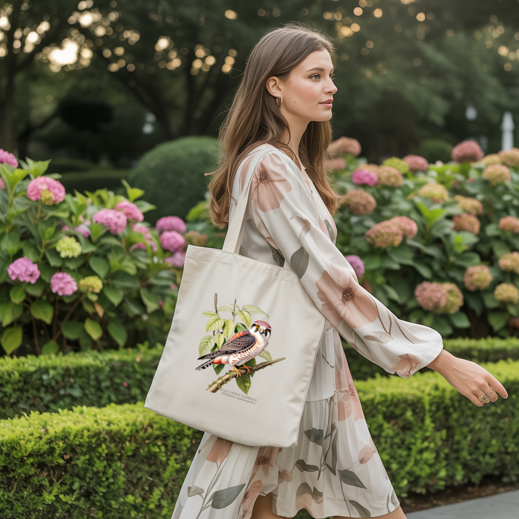 Tote bag femme illustré d’un oiseau fauconnet d’Afrique en couleur porté par une femme - illustration naturaliste détaillée - MARJANE et Cie