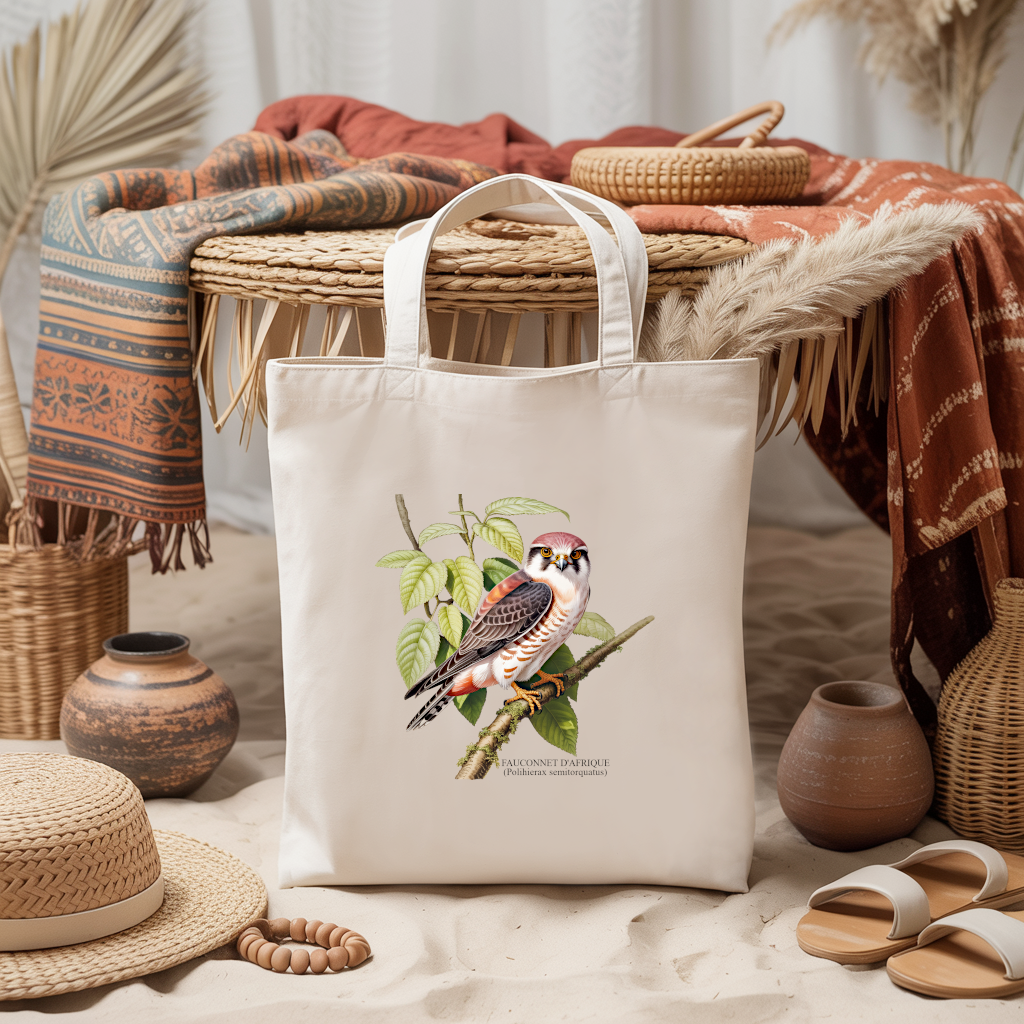 Tote bag femme avec illustration naturaliste couleur d’un oiseau fauconnet d’Afrique - style inspiré des planches d’ornithologues - MARJANE et Cie