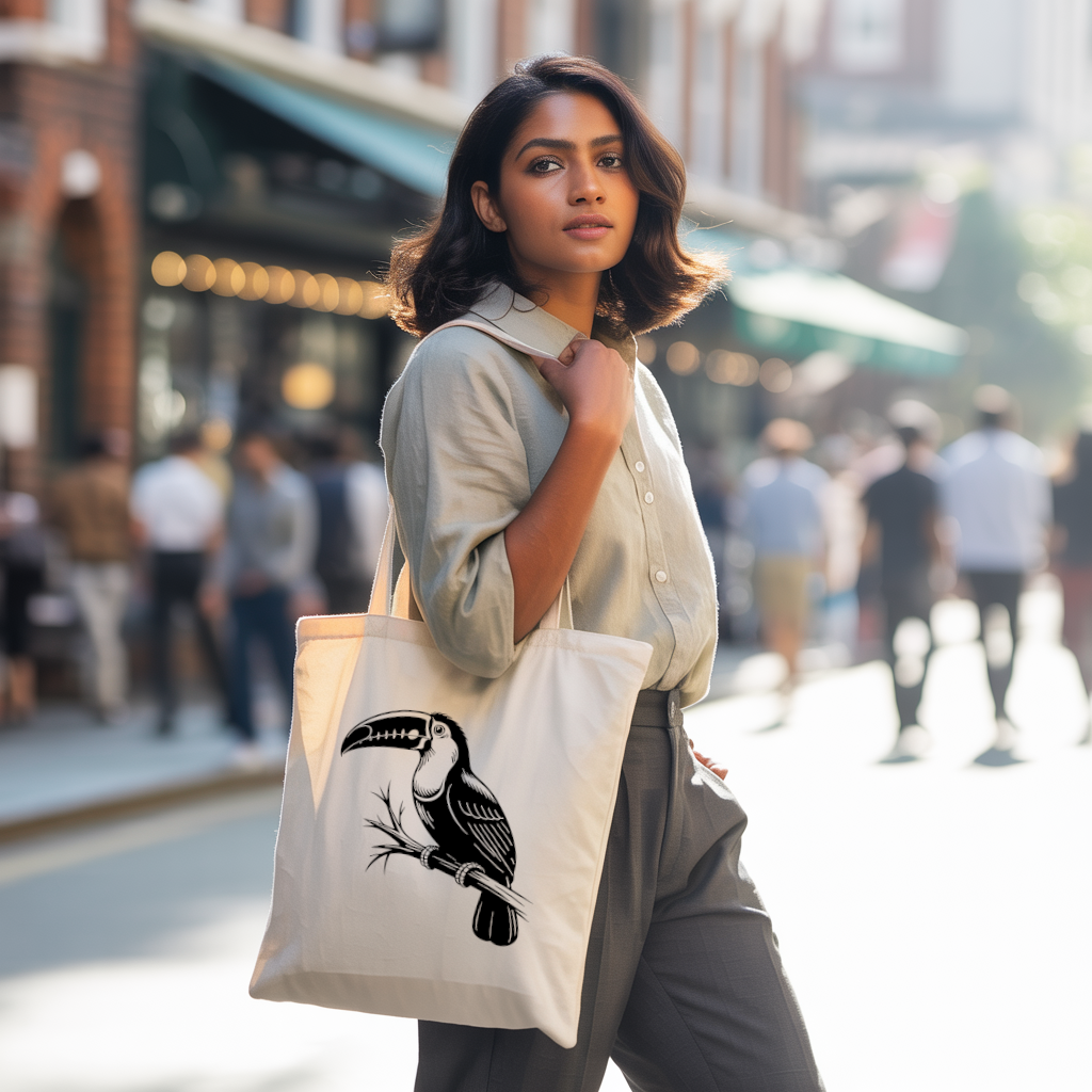 Tote bag femme avec illustration d’un toucan floqué en monochrome porté par une femme - MARJANE et Cie