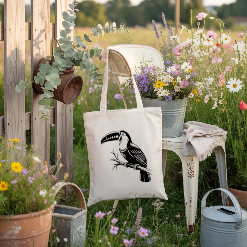 Tote bag femme avec flocage d’un toucan monochrome noir suspendu à une chaise de jardin - MARJANE et Cie