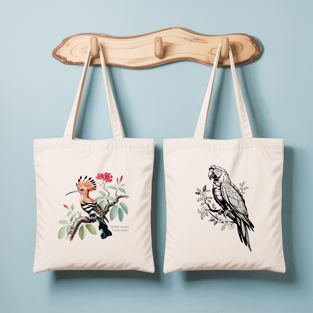 Tote bag femme avec illustration naturaliste d’une huppe faciée et verso perroquet en flocage noir – MARJANE et Cie